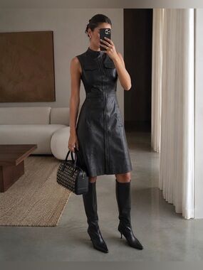 BCBG Max Azria Contemporary Faux Leather Midi Dress Black XXS